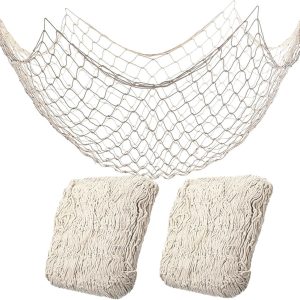 2 Pack Fish Net Decorations for Party, Natural Cotton Hawaiian Party Fishing Net Decorative, Nautical Themed Cotton Fishnet Under The Sea Pirate Ocean BeachHalloween Decor