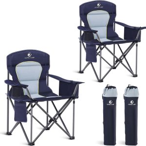 LET'S CAMP Oversized Folding Camping Chair Portable Outdoor Heavy Duty Padded Chairs Lawn Chair with Cup Holder, Storage Pocket and Cooler Bag, Supports 450LBS, for Camp, Travel, Picnic,2 Pack(Blue)